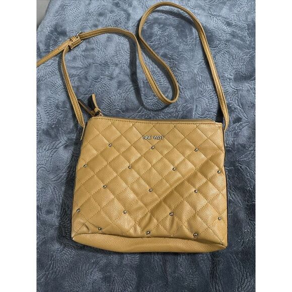 NINE WEST Mustard Brown Faux Leather Quilted Studded 3-Conpartment Crossbody Bag - Picture 2 of 10